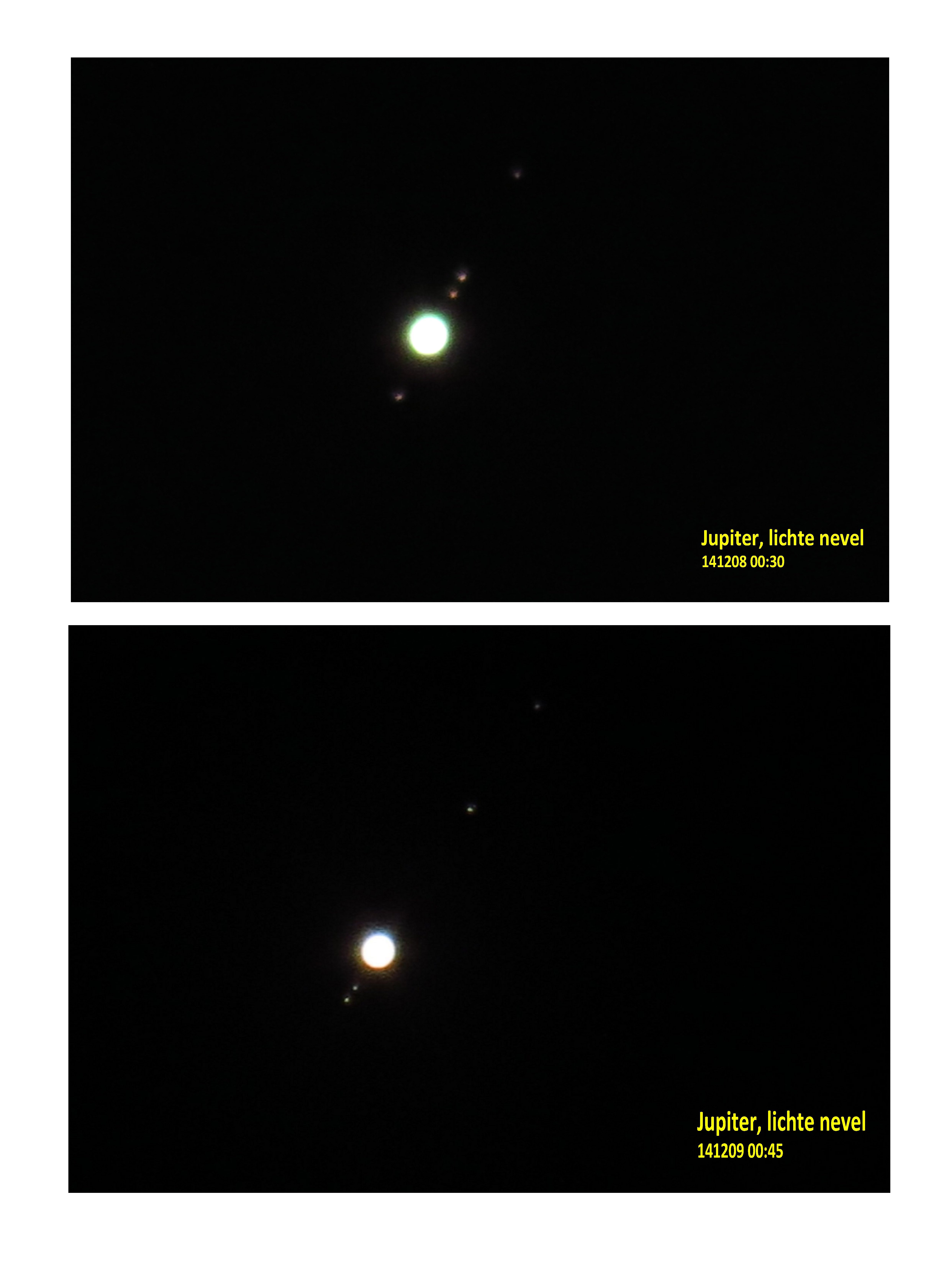 jupiter met maantjes op twee opvolgende dagen